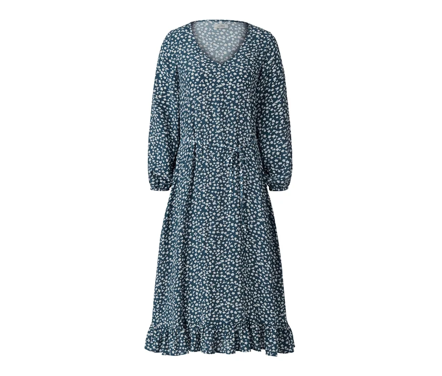 Blaues Kleid mit Volant.