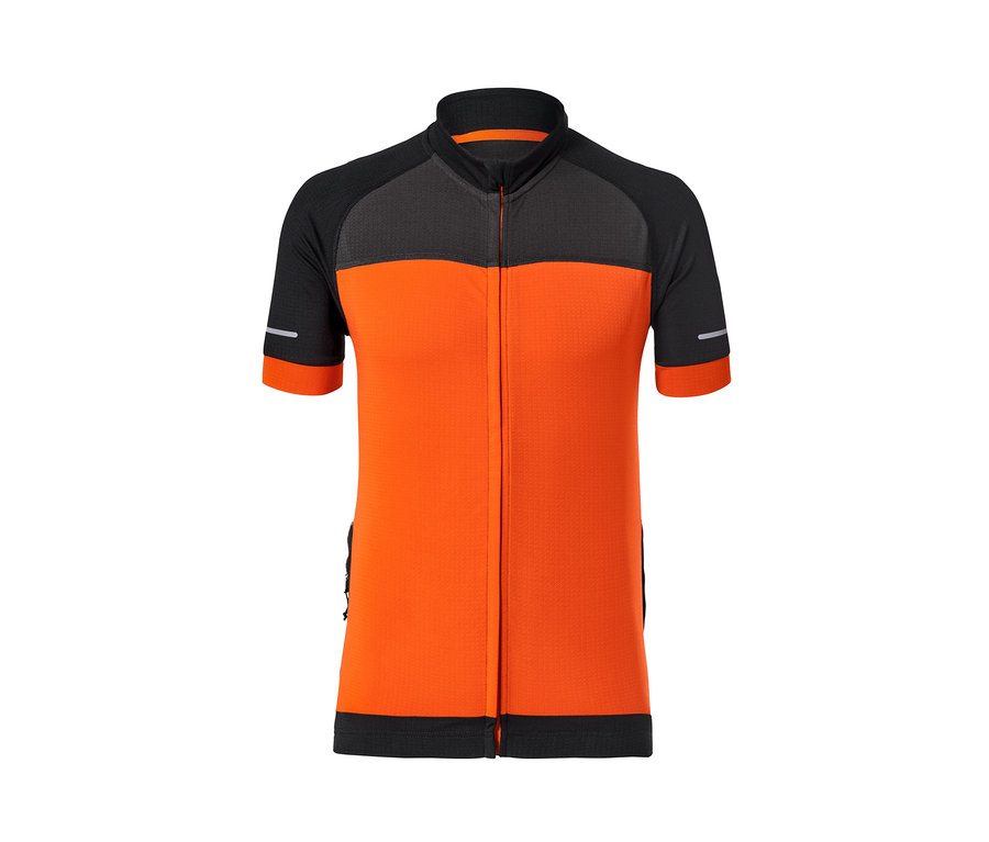 Orange-schwarzes Fahrrad-Trikot mit kurzen Ärmeln und Reißverschluss in der Mitte.