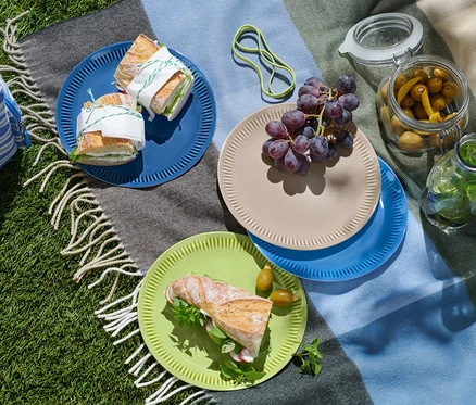 Sandwiches auf Picknicktellern, Getränke in Kühltasche und Oliven im Behälter auf einer Decke.