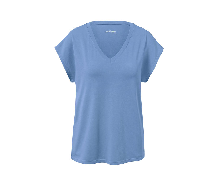 Ein blaues Leinen-Shorty-Pyjama-Oberteil mit V-Ausschnitt.