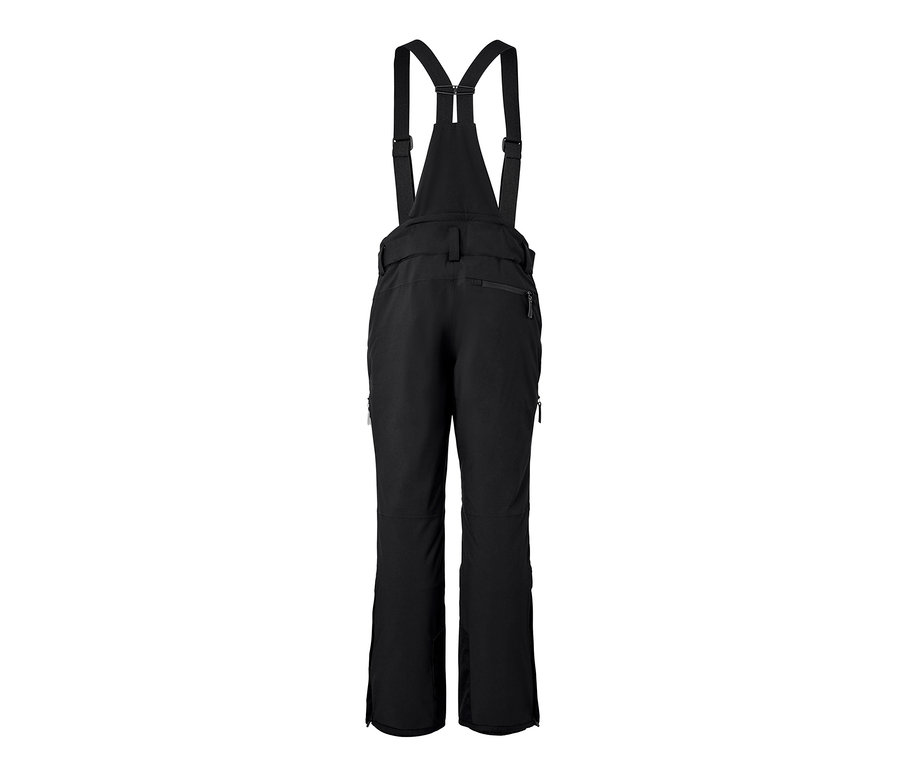 Schwarze High-Tech-Skihose mit Latz und Reißverschlüssen.