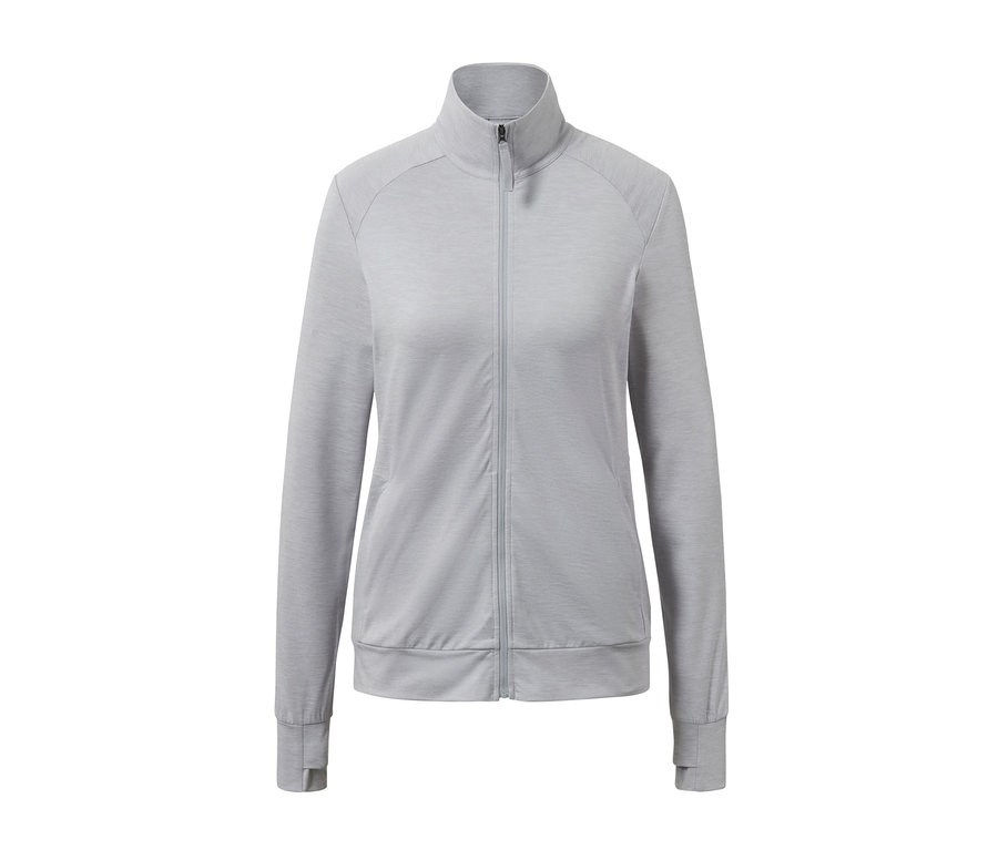 Eine weiße, melierte Funktionsjacke mit Reißverschluss.