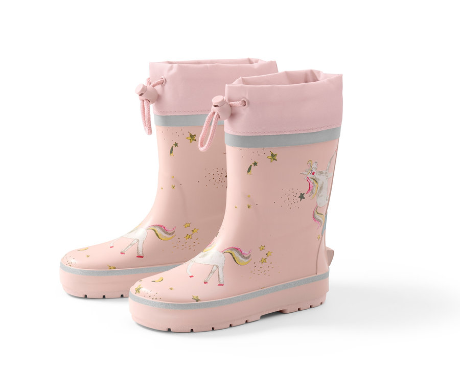 Rosa Gummistiefel mit Einhornmotiv.