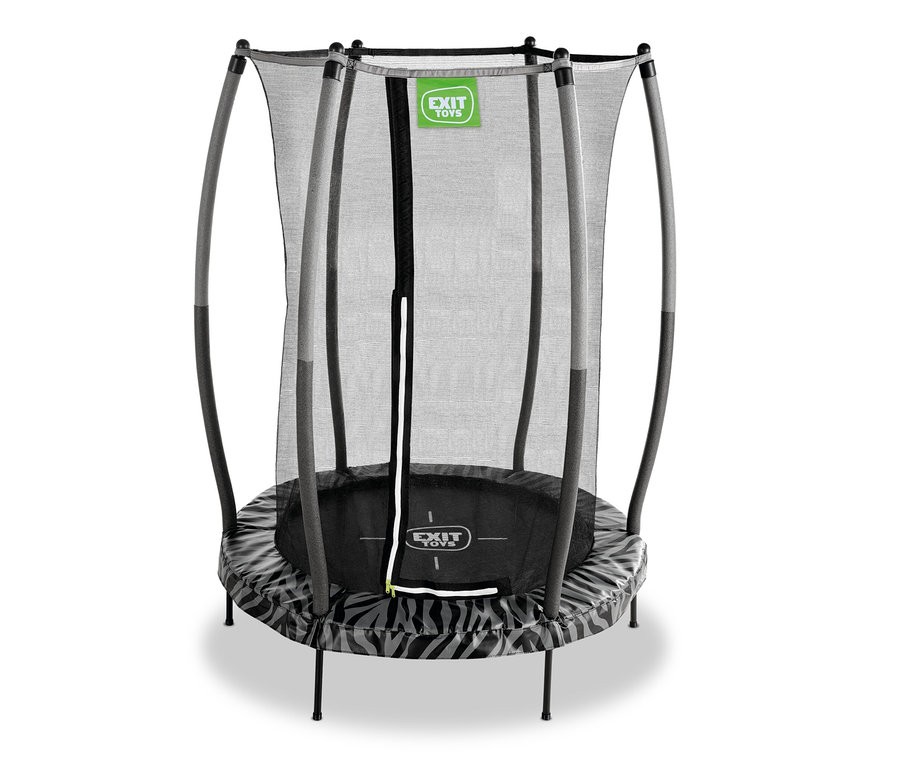 Ein EXIT Tiggy Junior Trampolin mit Sicherheitsnetz in Schwarz und Grau vor einem weißen Hintergrund.