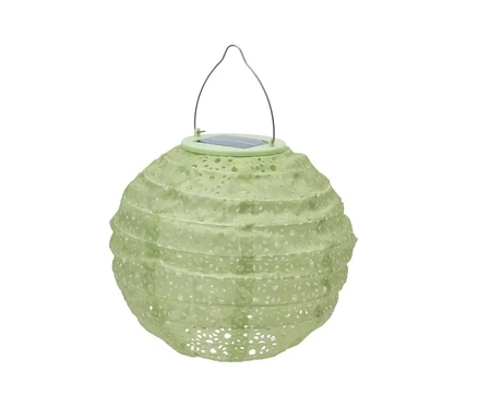 Ein grüner Solar-Lampion mit einem Metallgriff.