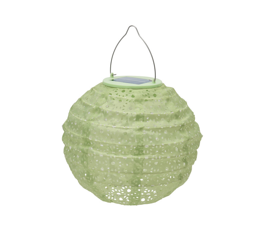 Ein grüner Solar-Lampion mit einem Metallgriff.