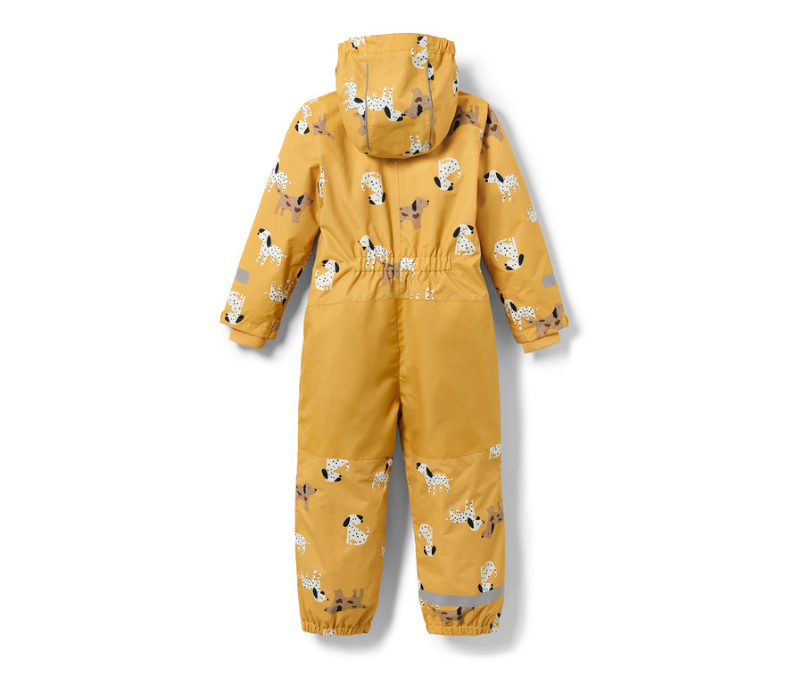 Gelber Regen-Einteiler mit Hundeprint von hinten.