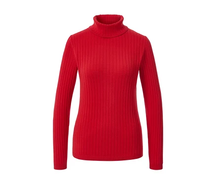 Ein roter, gerippter Rollkragenpullover.