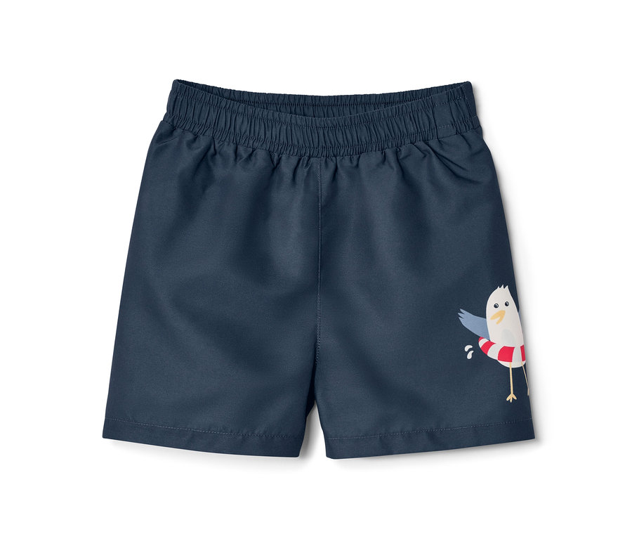 Kinder-Boardshorts, maritim, dunkelblau mit Möwen-Motiv.