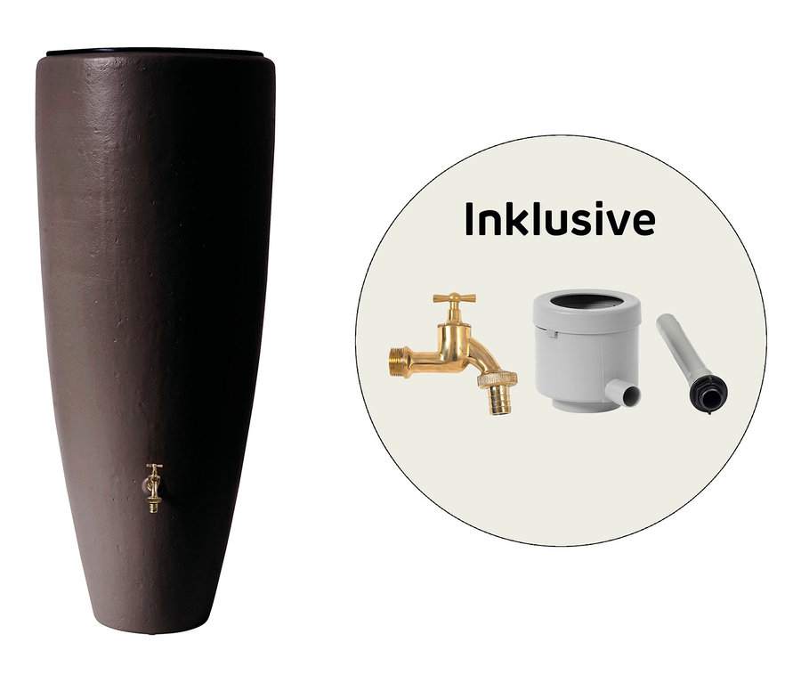 Braune Garantia 2-in-1 Regentonne Komplett-Set, ca. 300 l, Mocca, mit Wasserhahn und Zubehör.