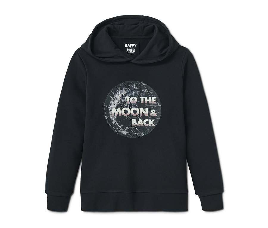 Schwarzes Sweatshirt mit Kapuze und Aufschrift "To the moon and back".