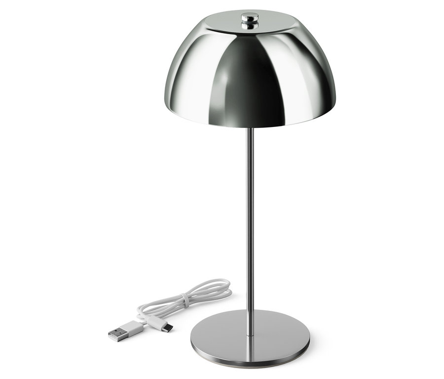 Silberne Lampe mit rundem Schirm und USB-Kabel.