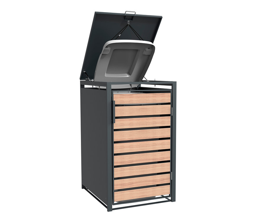 Geöffnete Mülltonnenbox, 1er mit Holzlamellen.