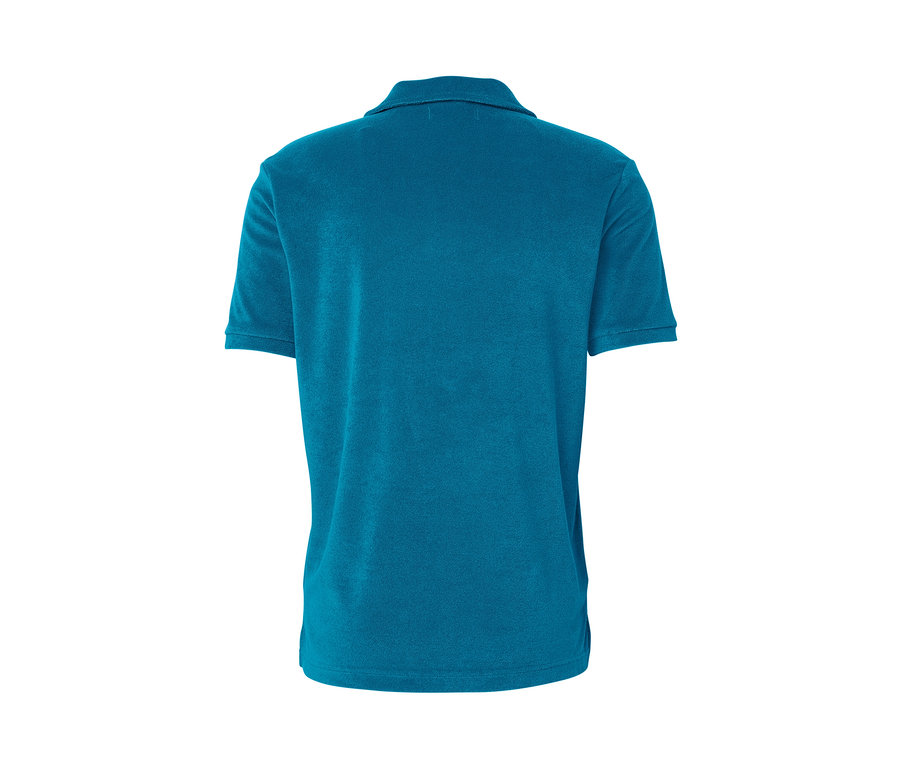 Rückansicht eines petrolfarbenen Frottee-Poloshirts.