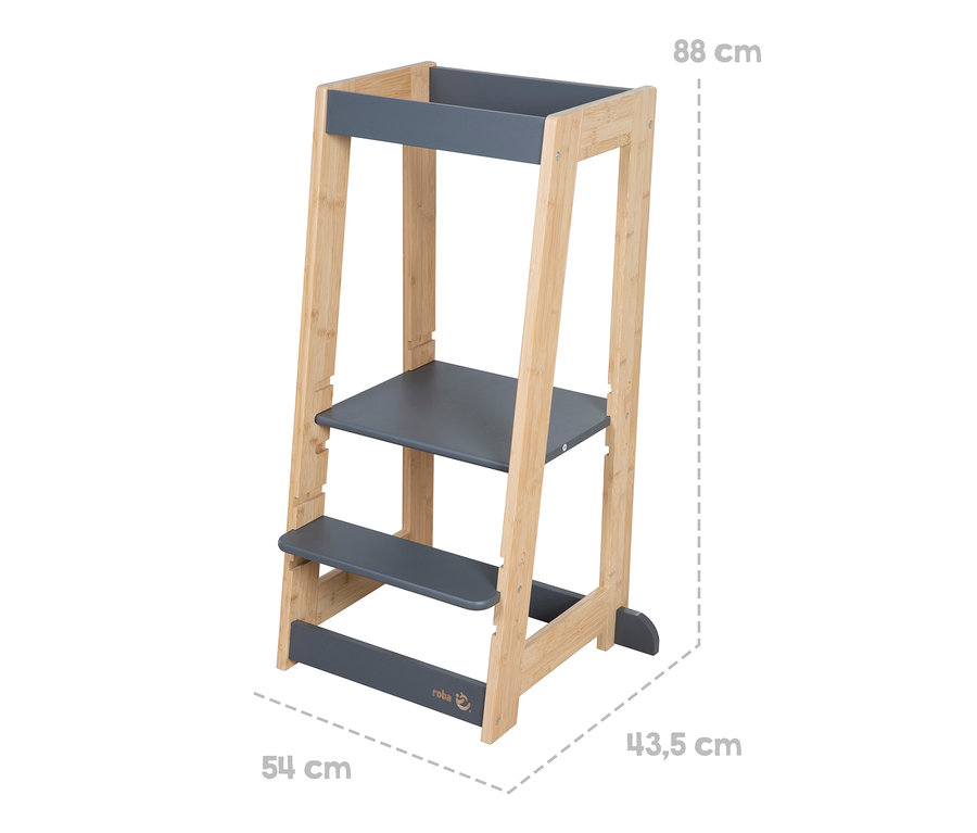roba Lernturm holz anthrazit mit Holzrahmen und anthrazitfarbenen Stufen.