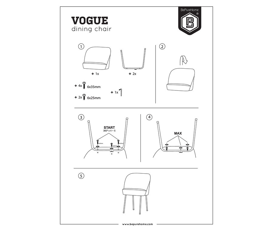 Anleitung zeigt, wie man den BePureHome Esszimmerstuhl »Vogue« montiert. Abbildungen zeigen die Montageschritte für Sitz, Rahmen und Befestigungselemente.