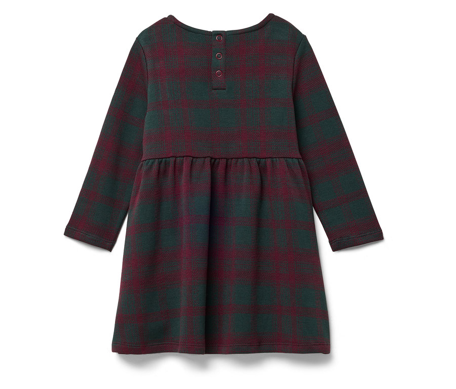 Rückansicht eines langärmeligen Kleides mit Karomuster in Grün- und Rottönen.