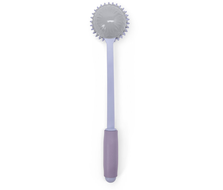 Graues Massagegerät mit violettem Griff.