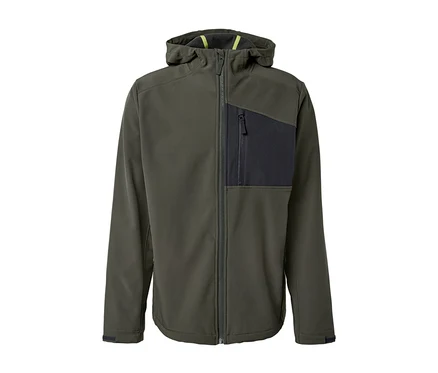 Eine grüne Softshelljacke mit Reißverschluss und Kapuze.