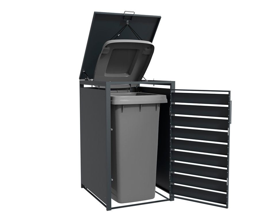 Graue Mülltonnenbox, 1er, mit offenem Deckel und Tür.