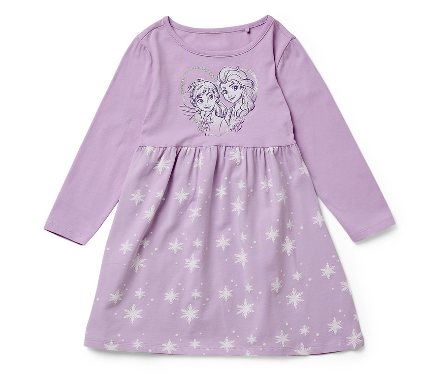 Lila, langärmeliges Kleid mit einem Aufdruck von Elsa und Anna aus dem Film Die Eiskönigin und weißen Schneeflocken.
