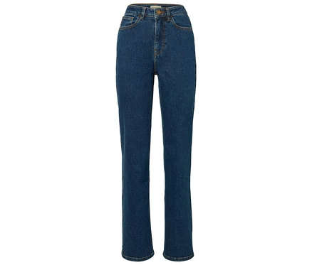 Blaue High-Waist-Jeans.