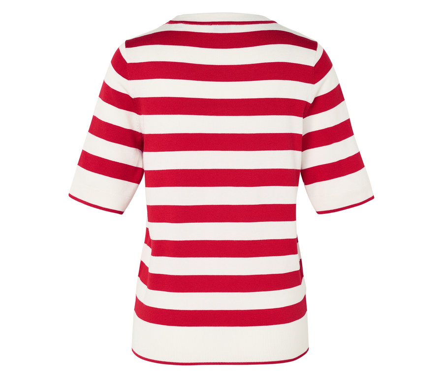 Rückansicht eines rot-weiß gestreiften Damen-T-Shirts.