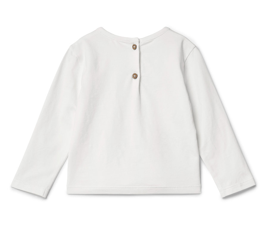 Weißes Langarmshirt mit zwei Knöpfen auf der Rückseite.