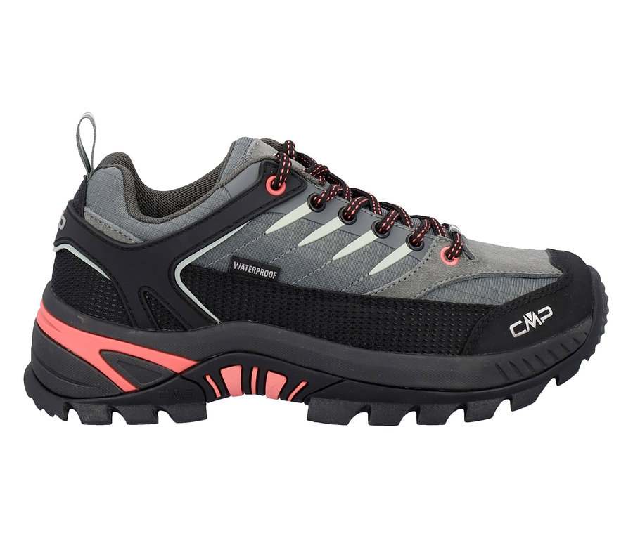 Grauer und schwarzer CMP Outdoorschuh mit korallenroten Akzenten.
