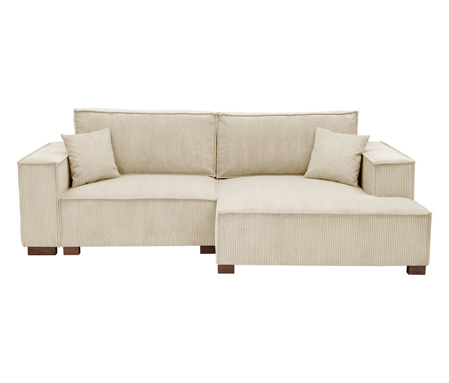 Beiges Cord-Ecksofa mit zwei Kissen auf kleinen dunklen Holzfüßen.
