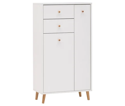 Weißer Schrank mit drei Schubladen und einer Tür, jeweils mit runden Holzknöpfen.