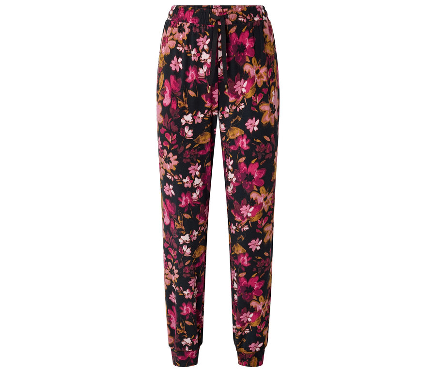 Hose mit Gummizugbund und pinkfarbenem Blumenmuster auf schwarzem Grund.