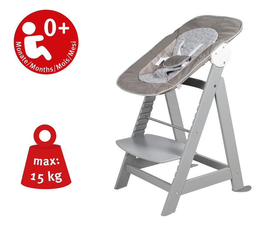 Grauer Kinderhochstuhl mit Liegeaufsatz für Babys ab 0 Monaten und bis maximal 15 kg.