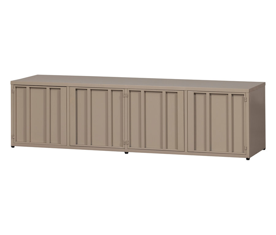 Ein langer, beiger Schrank mit vier Türen steht vor einem weißen Hintergrund.