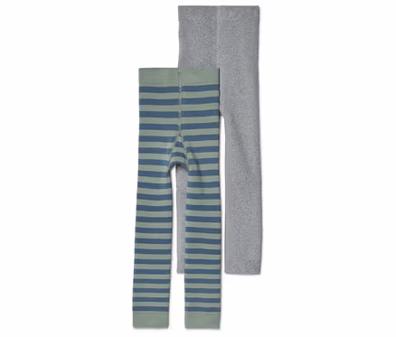 Zwei Leggings liegen nebeneinander, eine grau und eine grün-blau gestreift.
