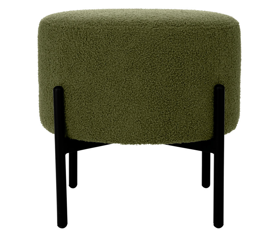 Ein grüner, rechteckiger Hocker mit schwarzen Beinen.