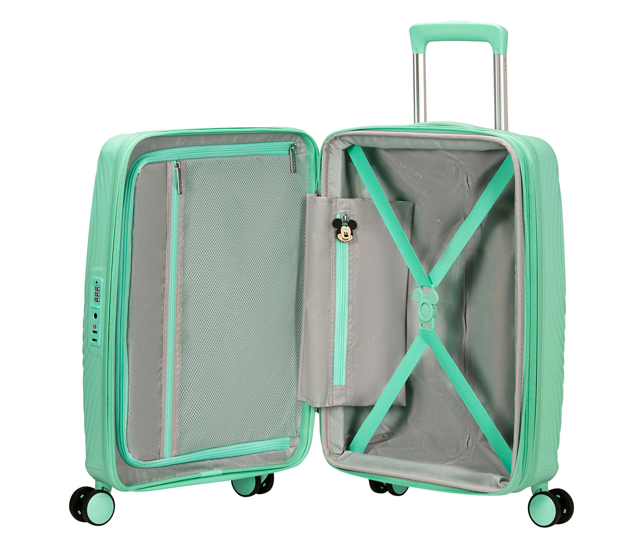 Offener, mintfarbener American Tourister Mickey Magic Trolley mit Griff und Rollen.