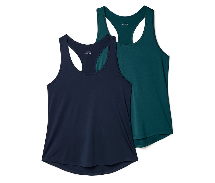 Zwei Racerback-Tops liegen übereinander, eines in Marineblau und eines in Dunkelgrün.