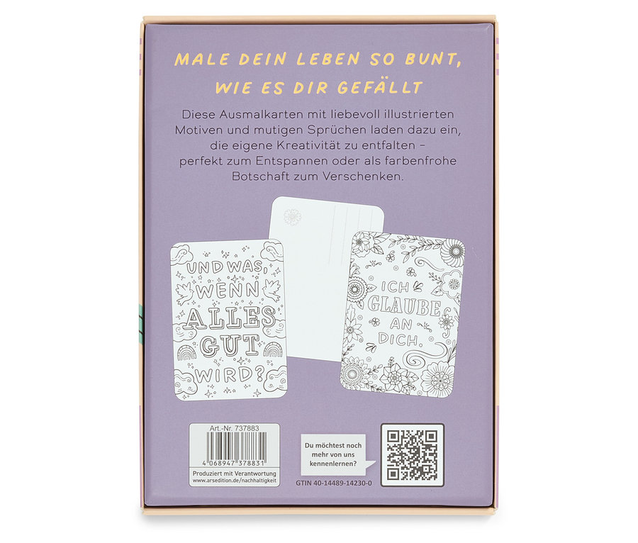 Eine Schachtel Ausmalkarten mit dem Text "Male dein Leben so bunt, wie es dir gefällt" und drei Karten mit Motiven und Sprüchen.
