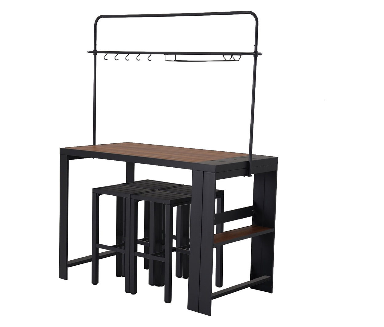 Leco Bartisch mit Holzplatte und schwarzem Metallgestell mit 4 Hockern, die darunter verstaut sind.