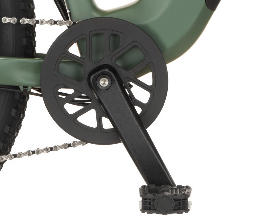 Nahaufnahme des Pedals und der Kette eines grünen FISCHER MTB E-Bike MONTIS MOVE 01 474 D.