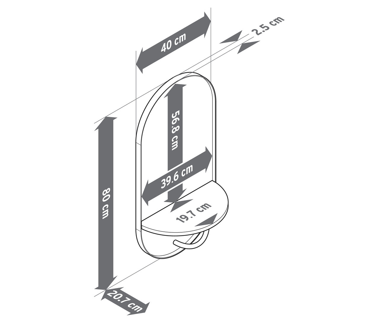 Abbildung eines Wandspiegels mit Ablage und Garderobenstange mit Maßangaben.