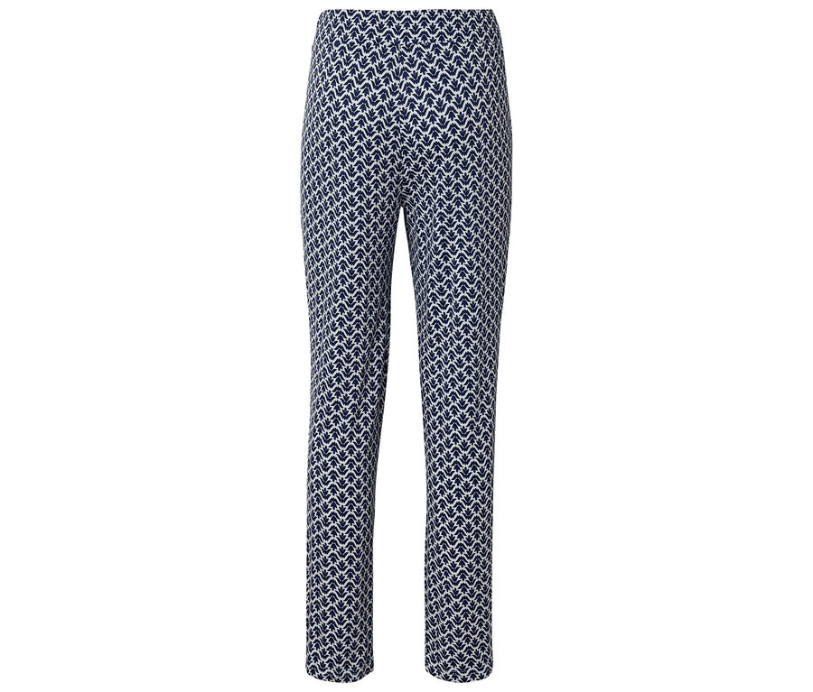 Eine Hose mit einem dunkelblauen und weißen Blattmuster.