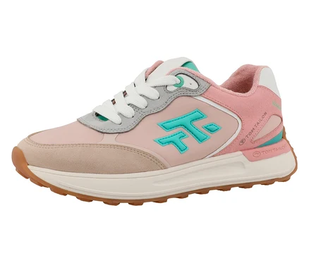 Ein einzelner rosafarbener Tom Tailor Sneaker mit weißen Schnürsenkeln steht auf einer weißen Oberfläche.
