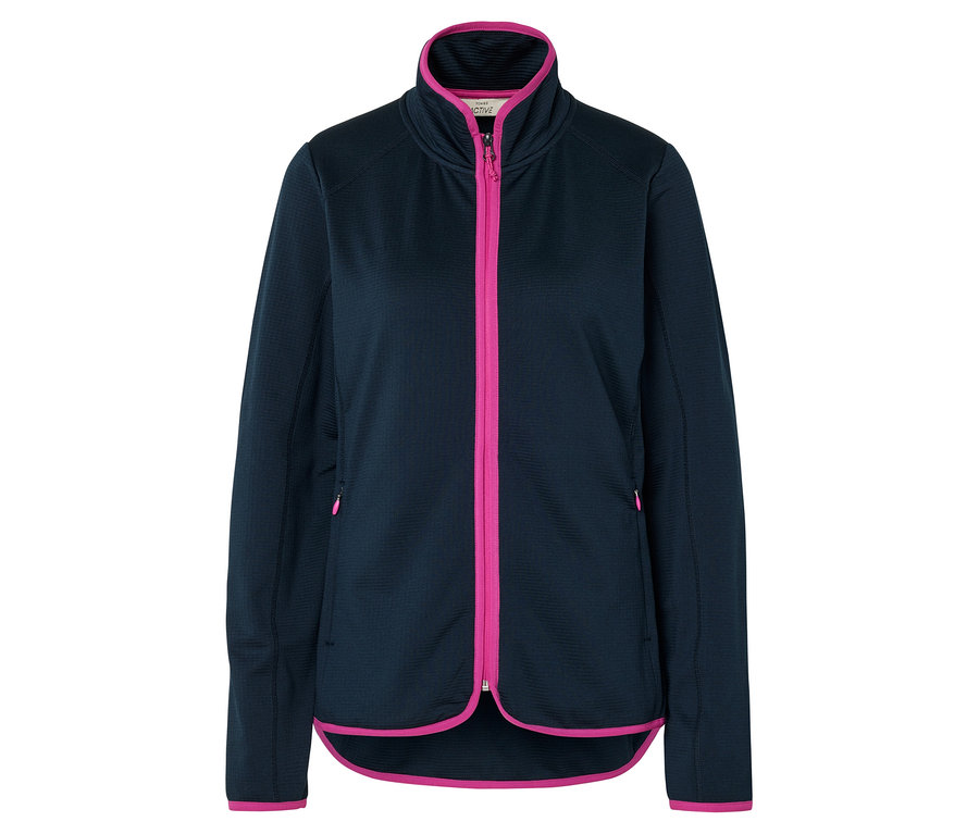 Marineblaue Fleecejacke mit pinkfarbenem Reißverschluss und Bündchen.