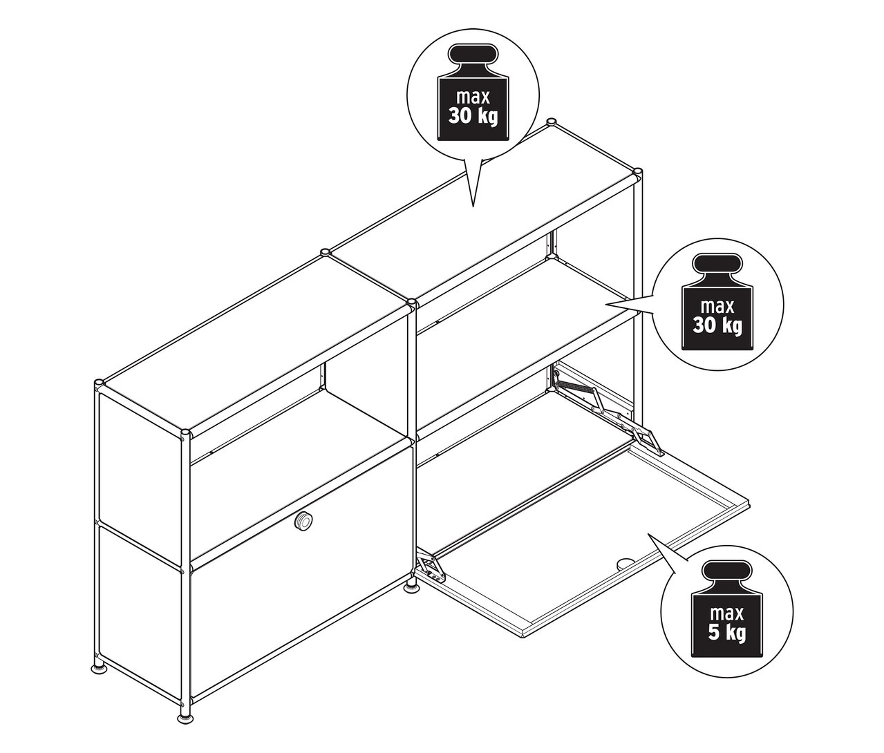 Draufsicht eines Metall-Sideboards »CN3 Slim Line« mit zwei versetzbaren Klappenfächern, eines davon geöffnet.