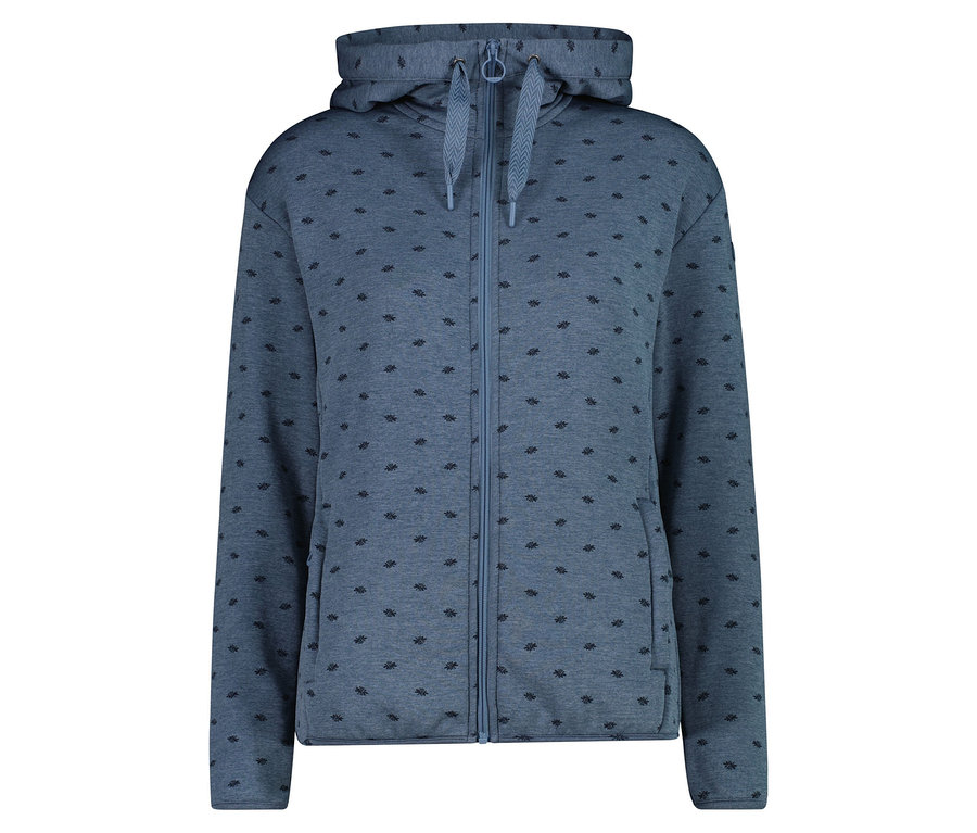 Hellblauer Hoodie mit Reißverschluss und Kapuze, versehen mit einem dezenten Muster.