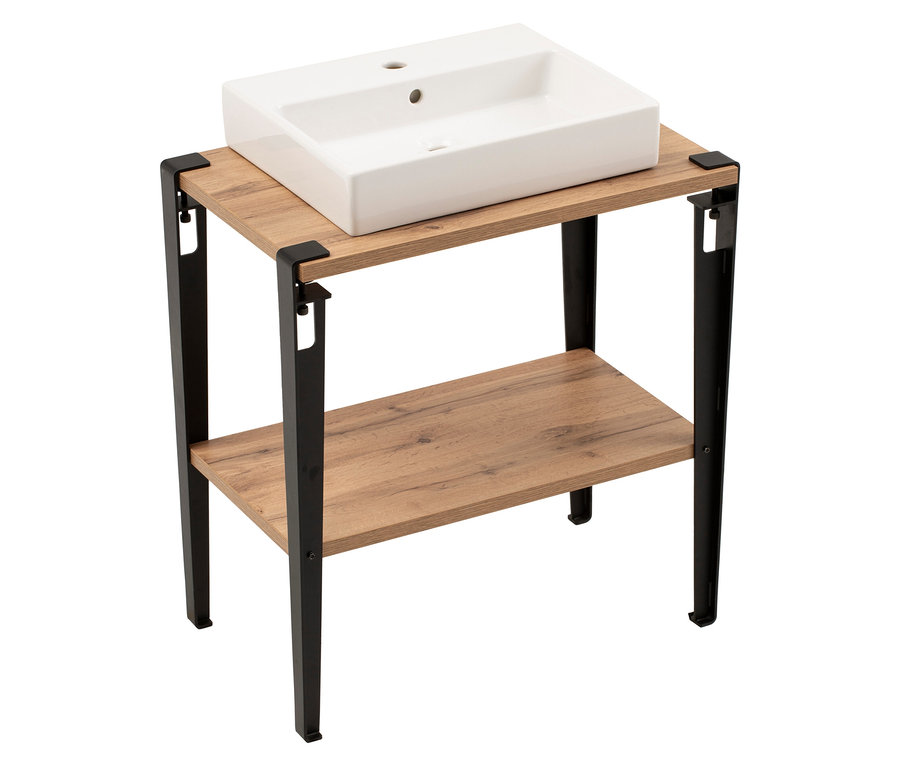 Weißes Waschbecken auf dem WS Waschtisch »Tonder« mit Dekor Eiche Landhaus und schwarzem Metallgestell mit Ablage.