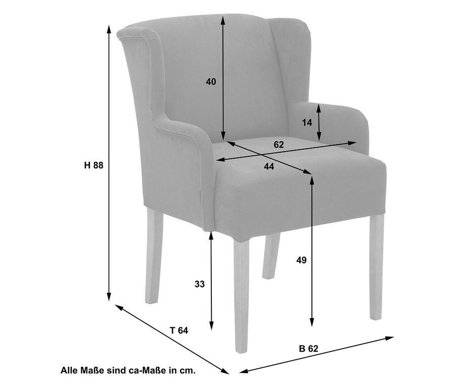 Beiger Polsterstuhl mit Armlehne »Hendrick« mit Maßangaben für Höhe, Breite und Tiefe.
