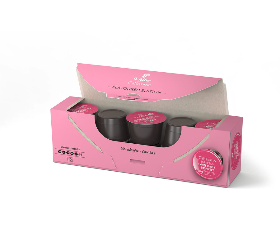 Geöffnete, pinke Packung Cafissimo Flavoured Espresso - White Choc & Raspberry mit zehn Kapseln.